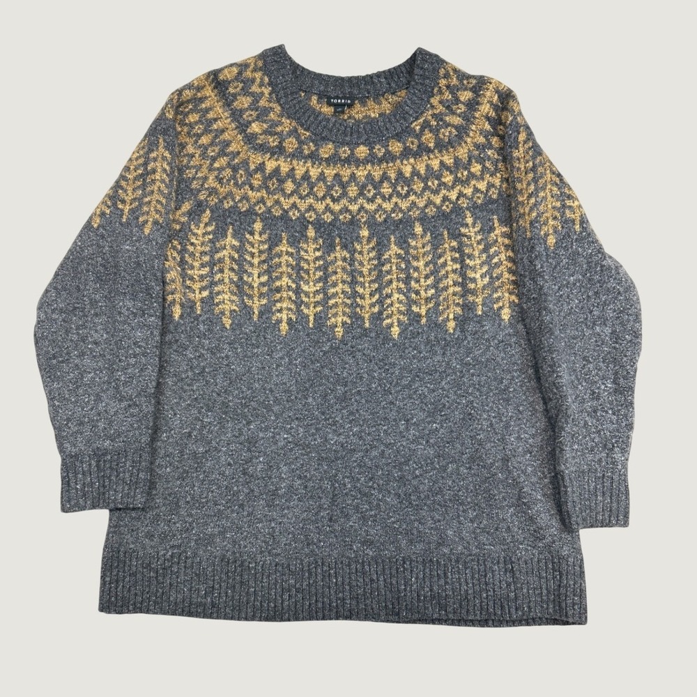 Torrid Sweater Womens 2 Gray Gold Metallic Fair Isle Tree Crew Neck Long Sleeve